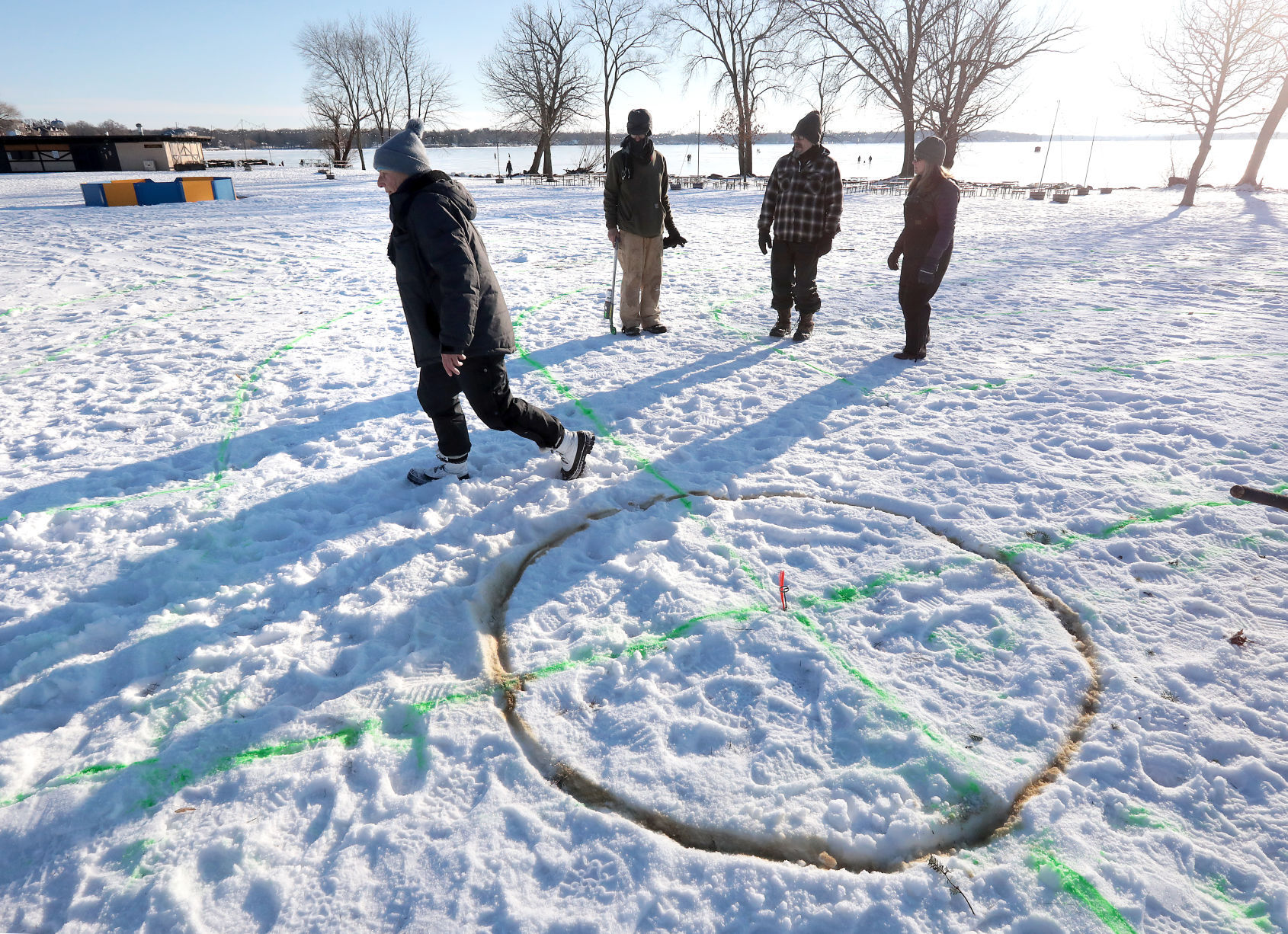 Center of labyrinth painted on the snow